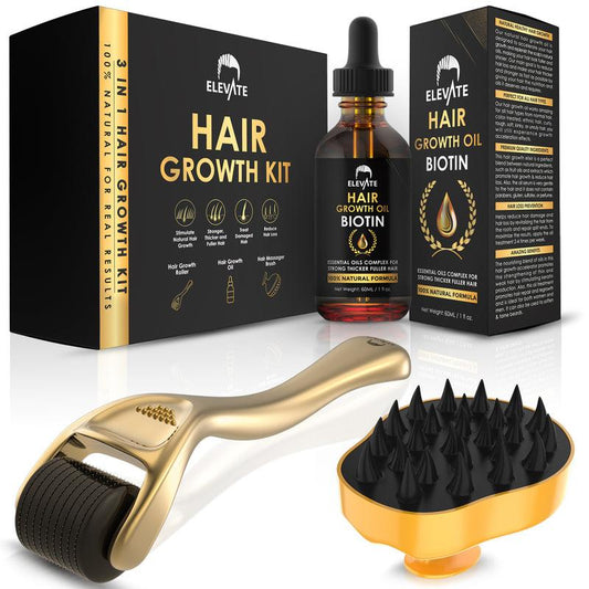 ELEVATE 3-In-1 Hair Derma Roller Growth Kit with Organic Biotin Oil and Silicone Scalp Massager - Haircare Hair Growth Comfort Argan Jojoba Rosemary