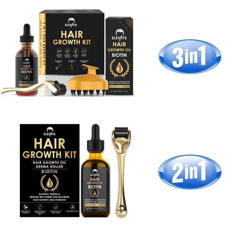 ELEVATE 3-In-1 Hair Derma Roller Growth Kit with Organic Biotin Oil and Silicone Scalp Massager - Haircare Hair Growth Comfort Argan Jojoba Rosemary