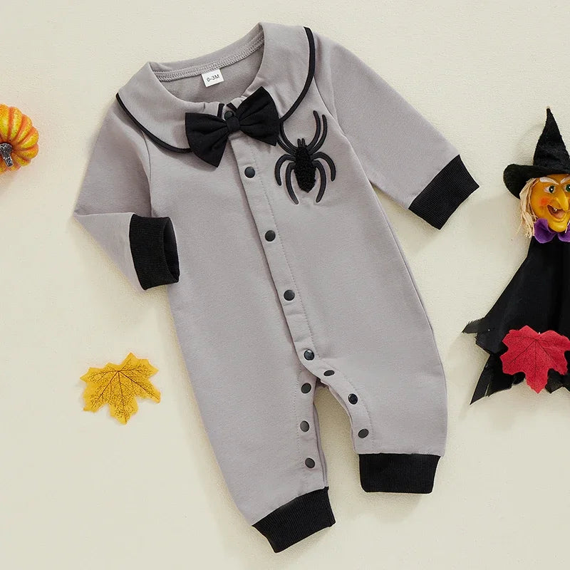 Halloween Baby Romper | Spider Embroidered Long Sleeve Jumpsuit for Boys (0-18M)