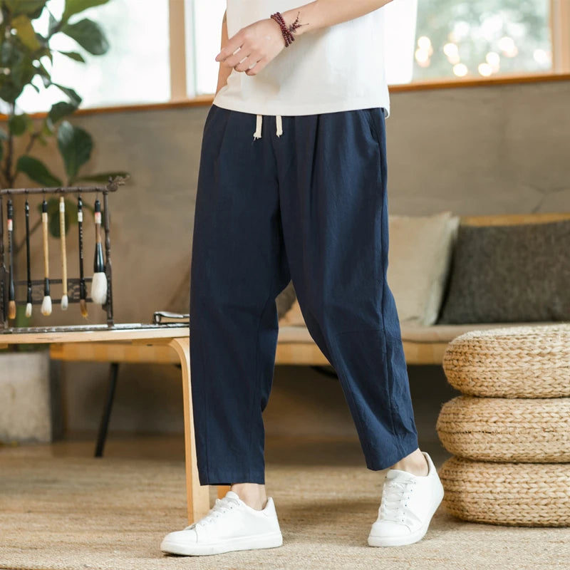 Men's Cotton Linen Casual Pants | Loose Straight Fit | Drawstring Waist