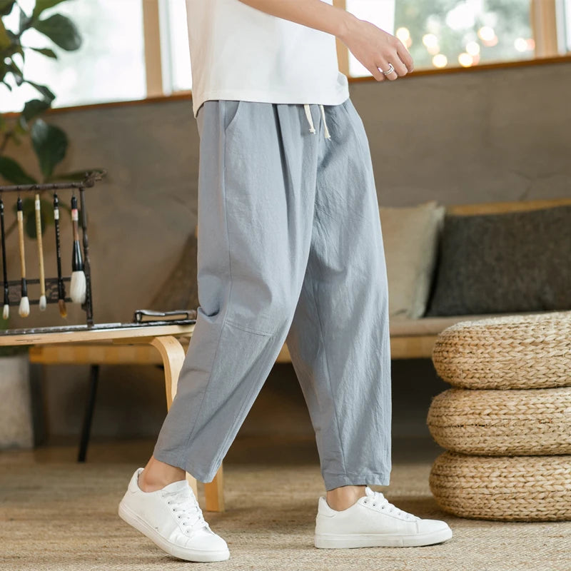 Men's Cotton Linen Casual Pants | Loose Straight Fit | Drawstring Waist