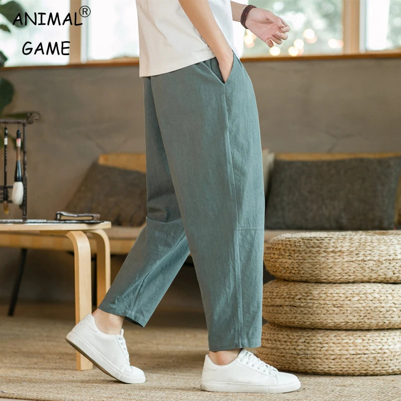 Men's Cotton Linen Casual Pants | Loose Straight Fit | Drawstring Waist
