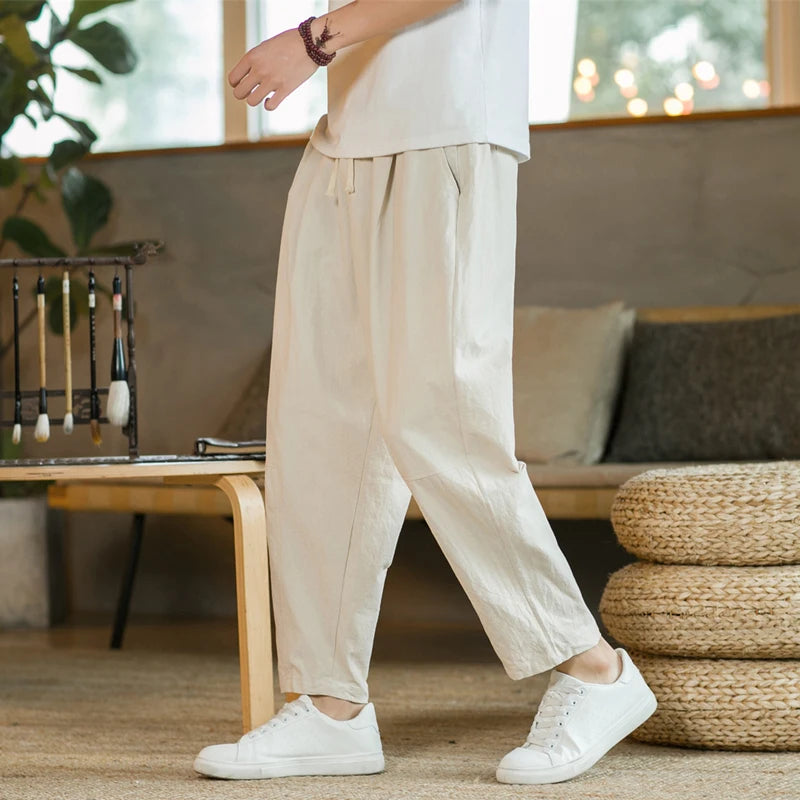 Men's Cotton Linen Casual Pants | Loose Straight Fit | Drawstring Waist