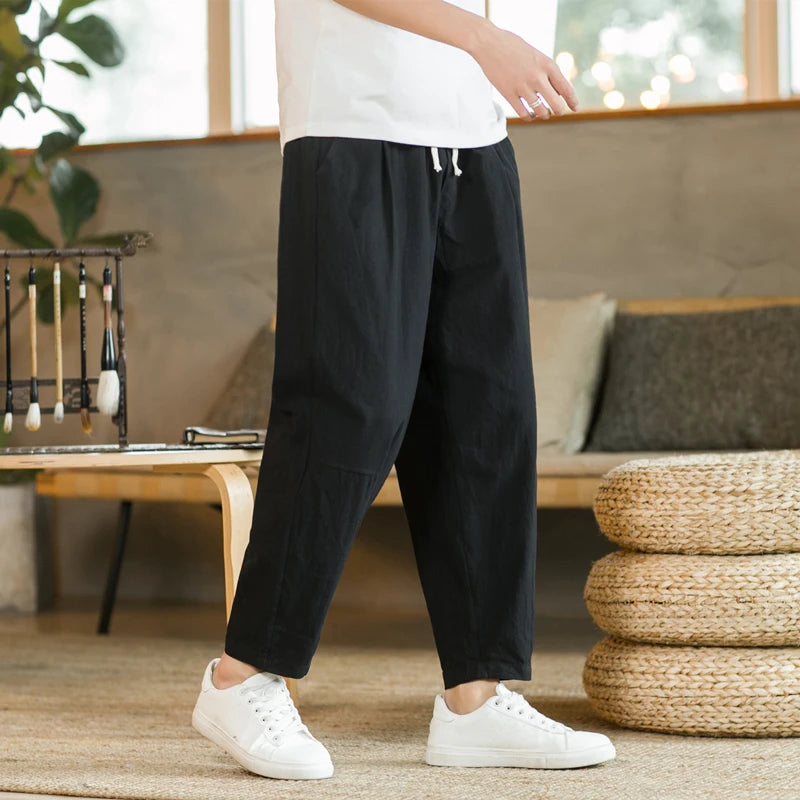 Men's Cotton Linen Casual Pants | Loose Straight Fit | Drawstring Waist