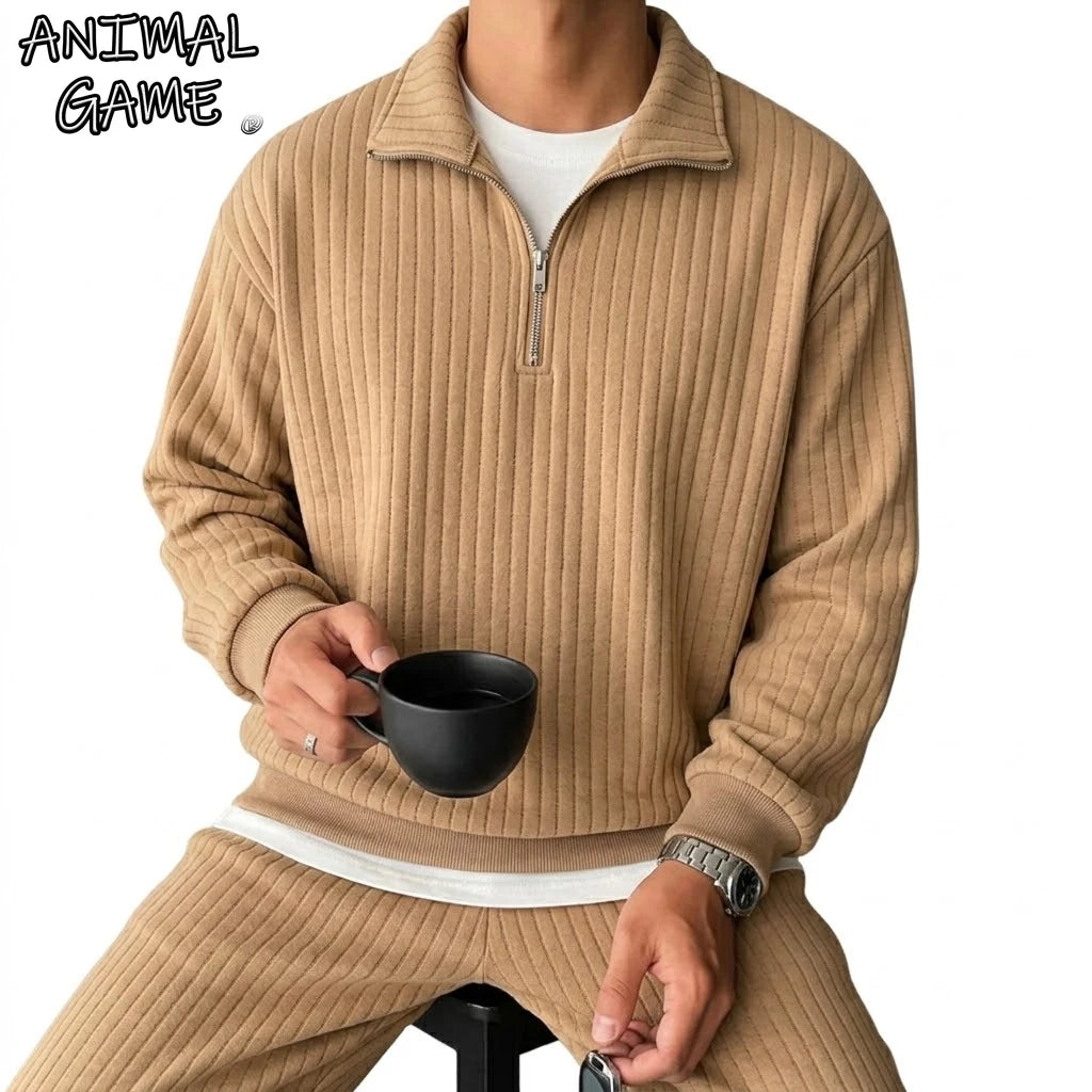 Men's Quarter-Zip Striped Sweatshirt | Casual Polyester Pullover