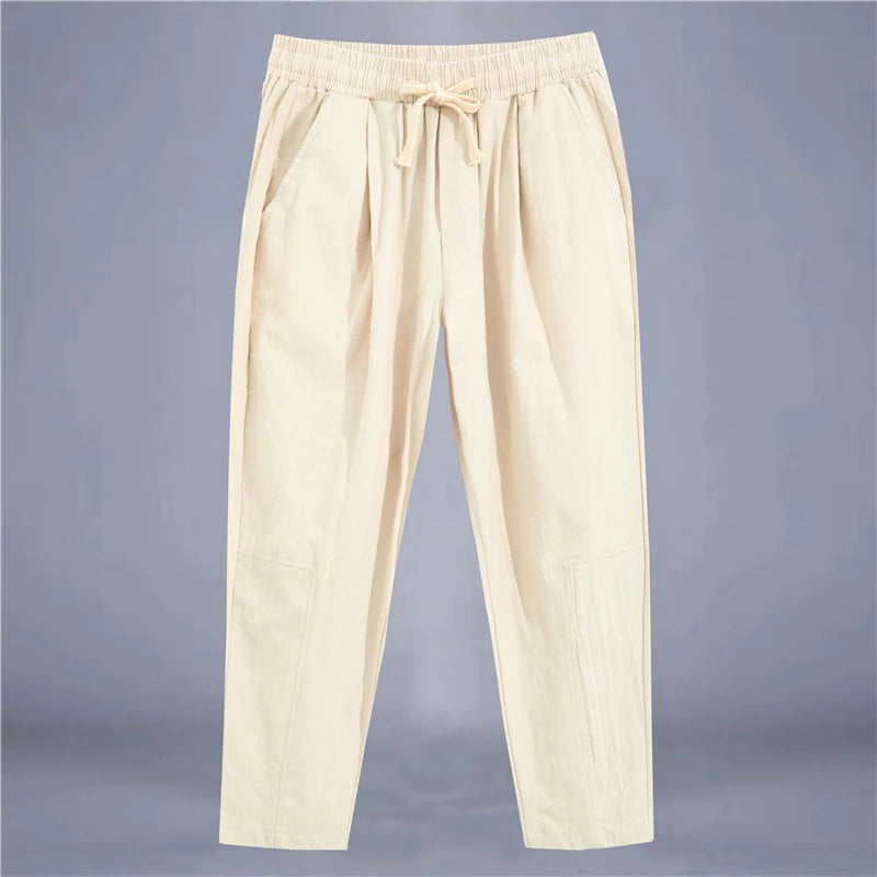 Men's Cotton Linen Casual Pants | Loose Straight Fit | Drawstring Waist