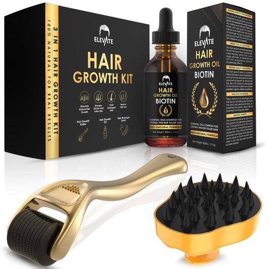 ELEVATE 3-In-1 Hair Derma Roller Growth Kit with Organic Biotin Oil and Silicone Scalp Massager - Haircare Hair Growth Comfort Argan Jojoba Rosemary